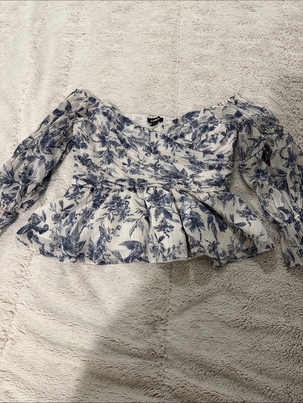 Express White Peplum Blouse with Blue Floral Print